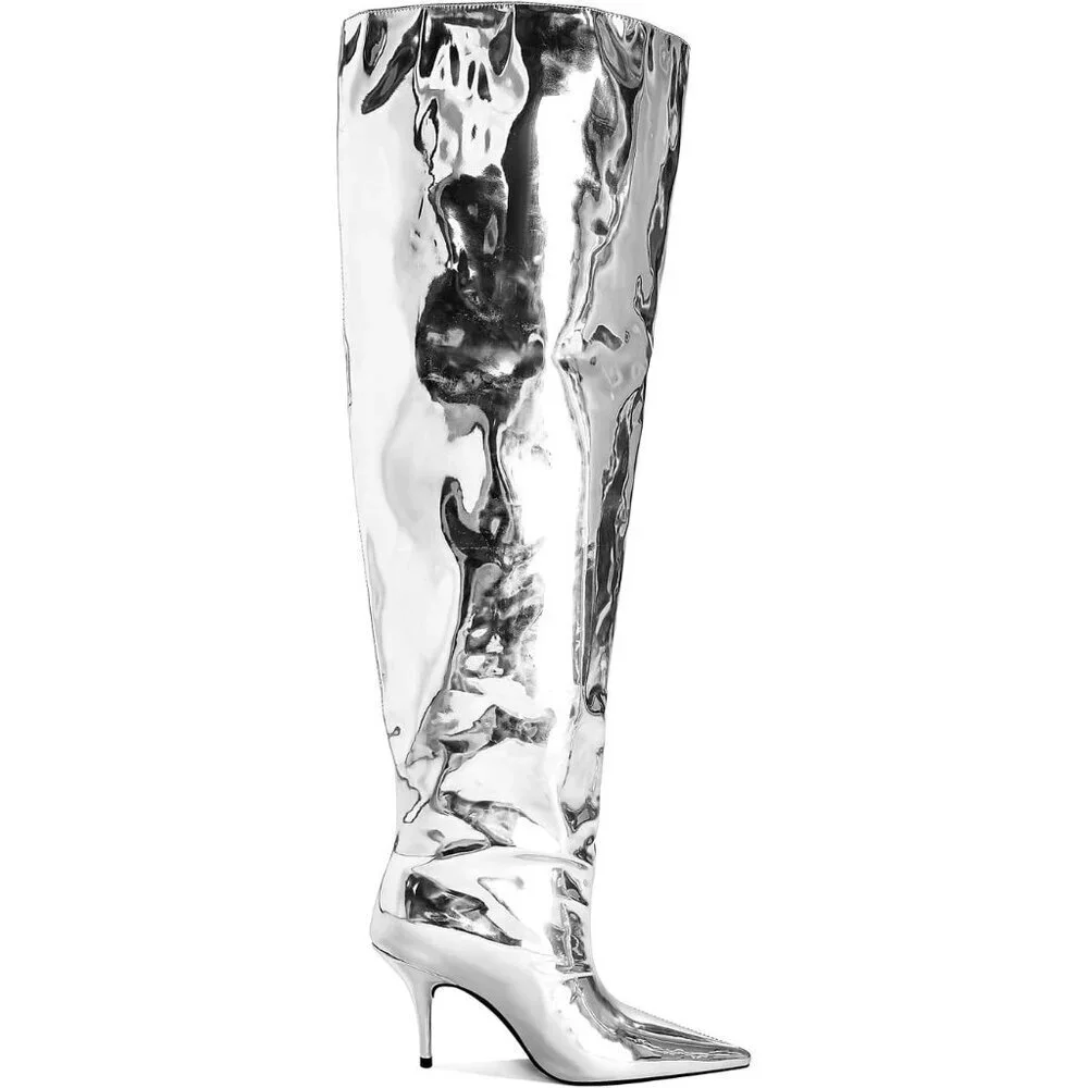 🆕Women Silver Faux Leather Wide Calf Thigh High Heeled Stiletto Cone Heel Boot